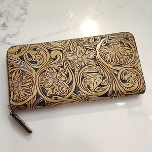 Floral Embossed Zip Around Wallet Tan Dark Brown Background Multiple Card Slots